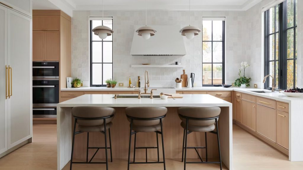 Cambria Delgatie quartz island installation in Pembroke, NH modern kitchen