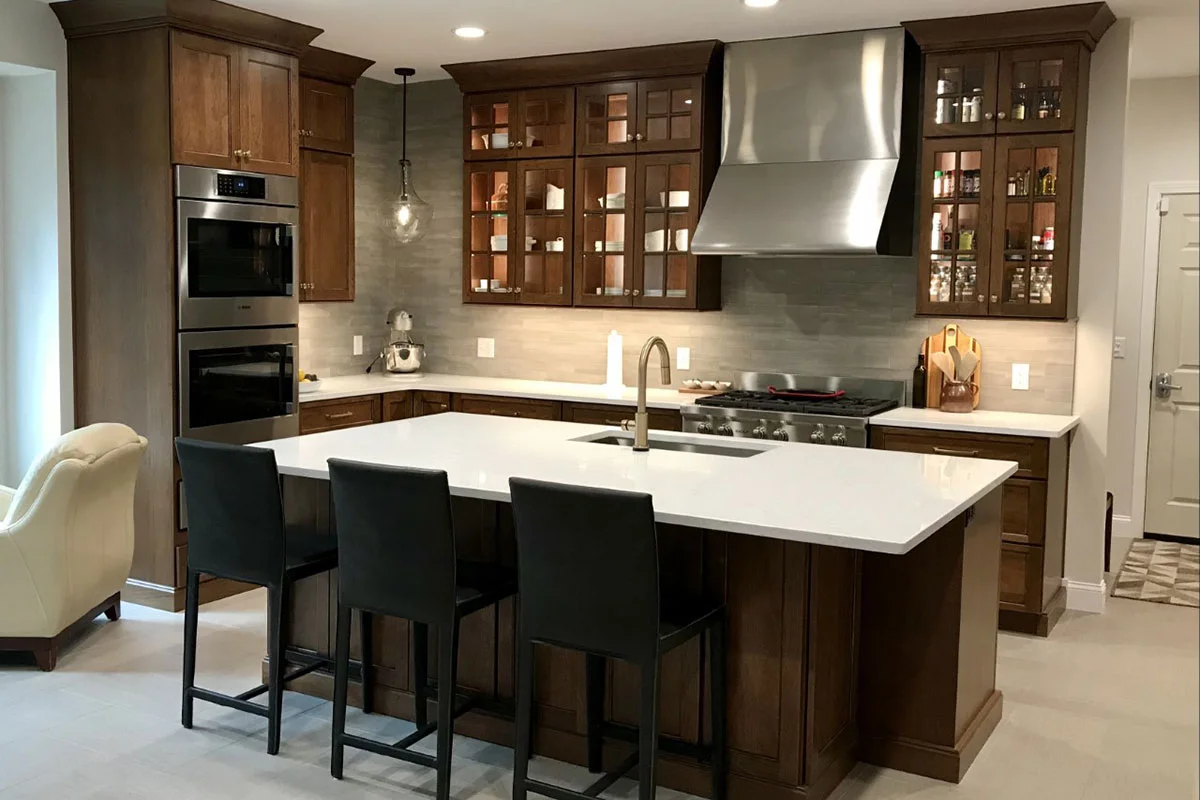 White quartz kitchen island installation in Hooksett, NH residential home